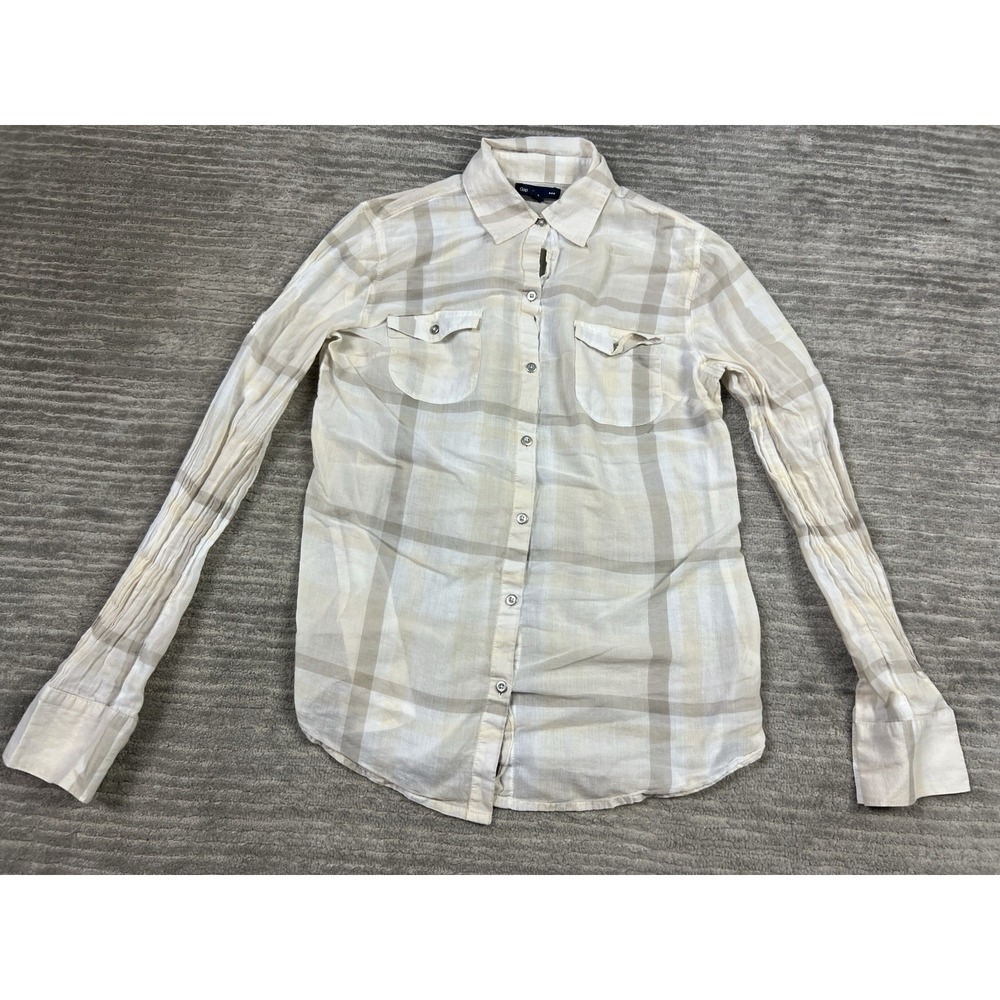 Gap Top Womens Small Beige Plaid Long Roll Tab‎ Sleeve 100% Cotton Semi Sheer